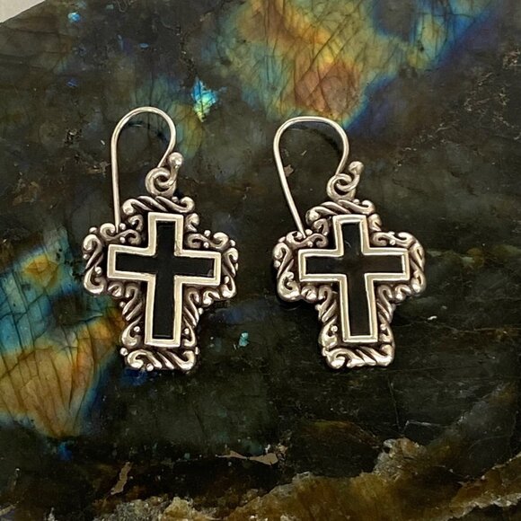 Sterling Silver 925 1.41" Black Enamel Scrollwork Cross Dangle Earrings 11g - Picture 7 of 16